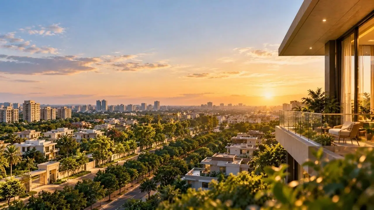 Golden-hour view over leafy Indore neighbourhoods from a modern balcony