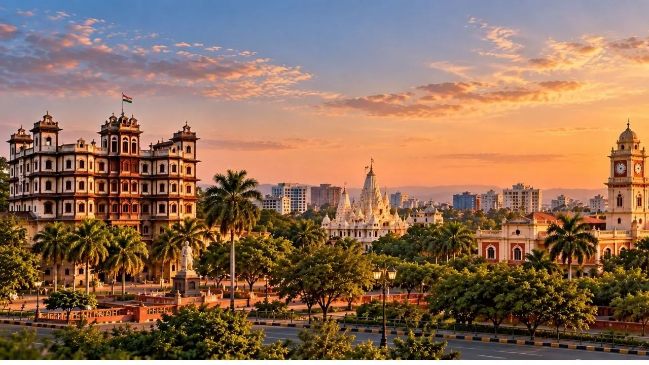 Indore at sunset: the Rajwada palace, a white marble temple and a clock-tower building among palms